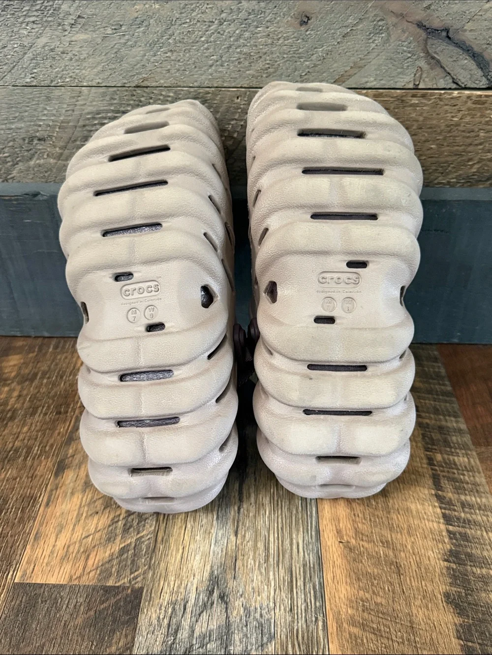 CROCS Slip-On Clogs in Taupe with Dark Brown Strap. Run a little big.